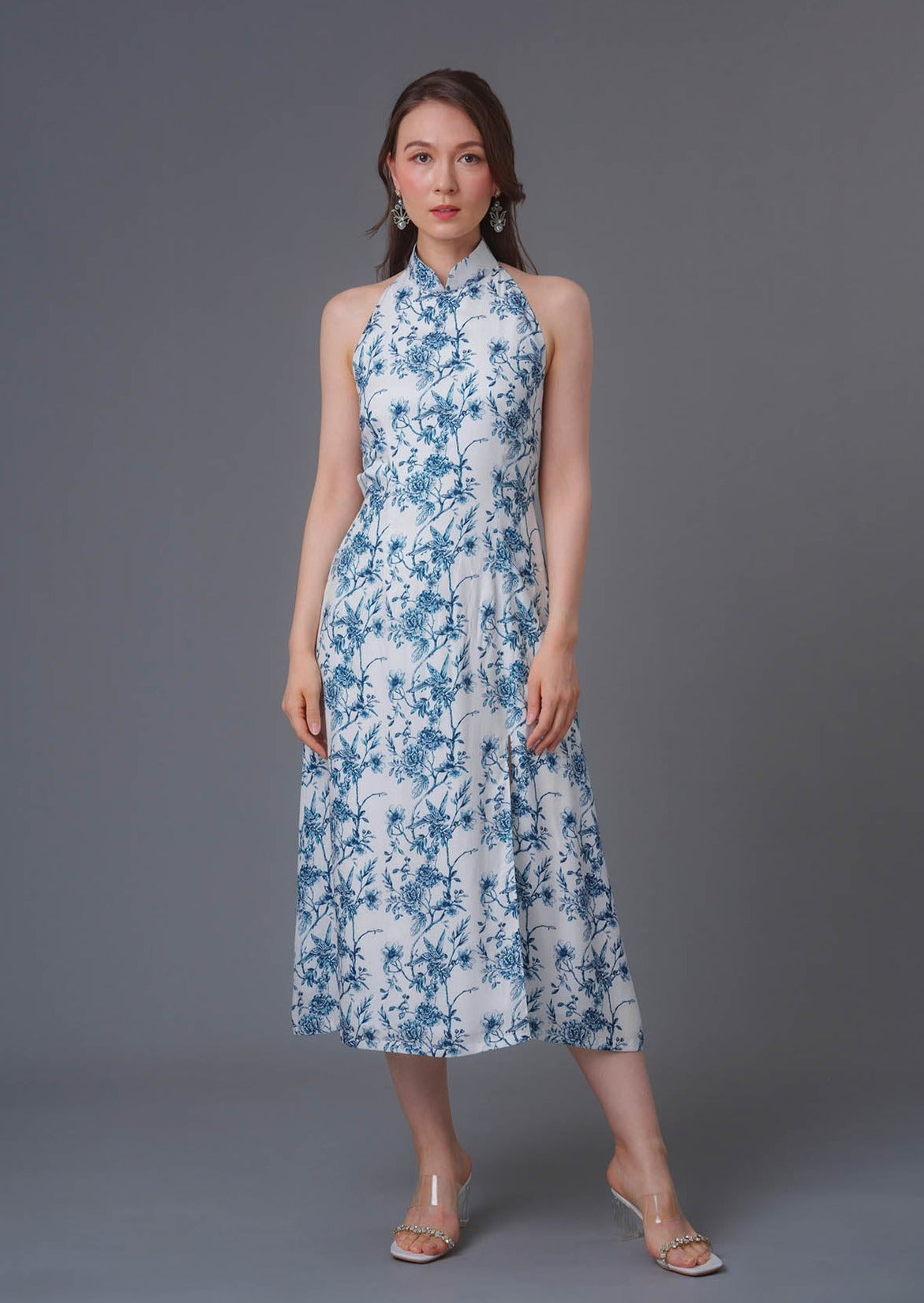 Floral Print Midi Qipao Dress (White/ Blue)