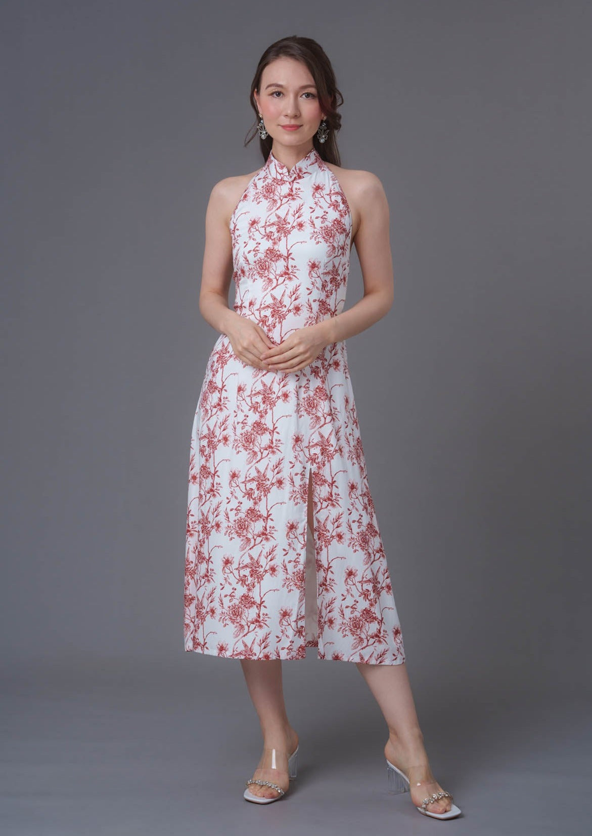 Floral Print Midi Qipao Dress (White/ Red)