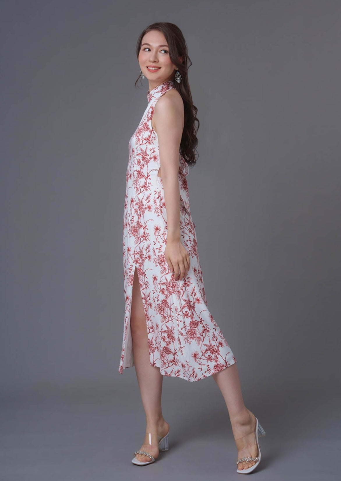 Floral Print Midi Qipao Dress (White/ Red)