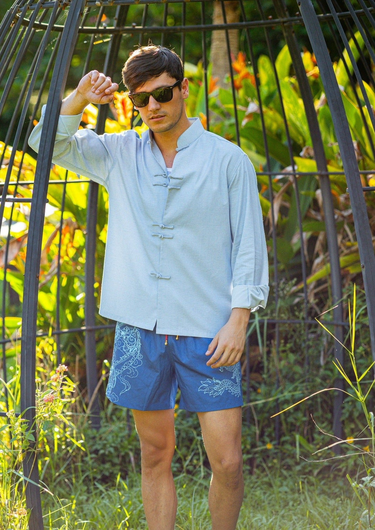 Qipology X Mazu Resortwear Cotton Linen Tang Shirt (Light Blue)