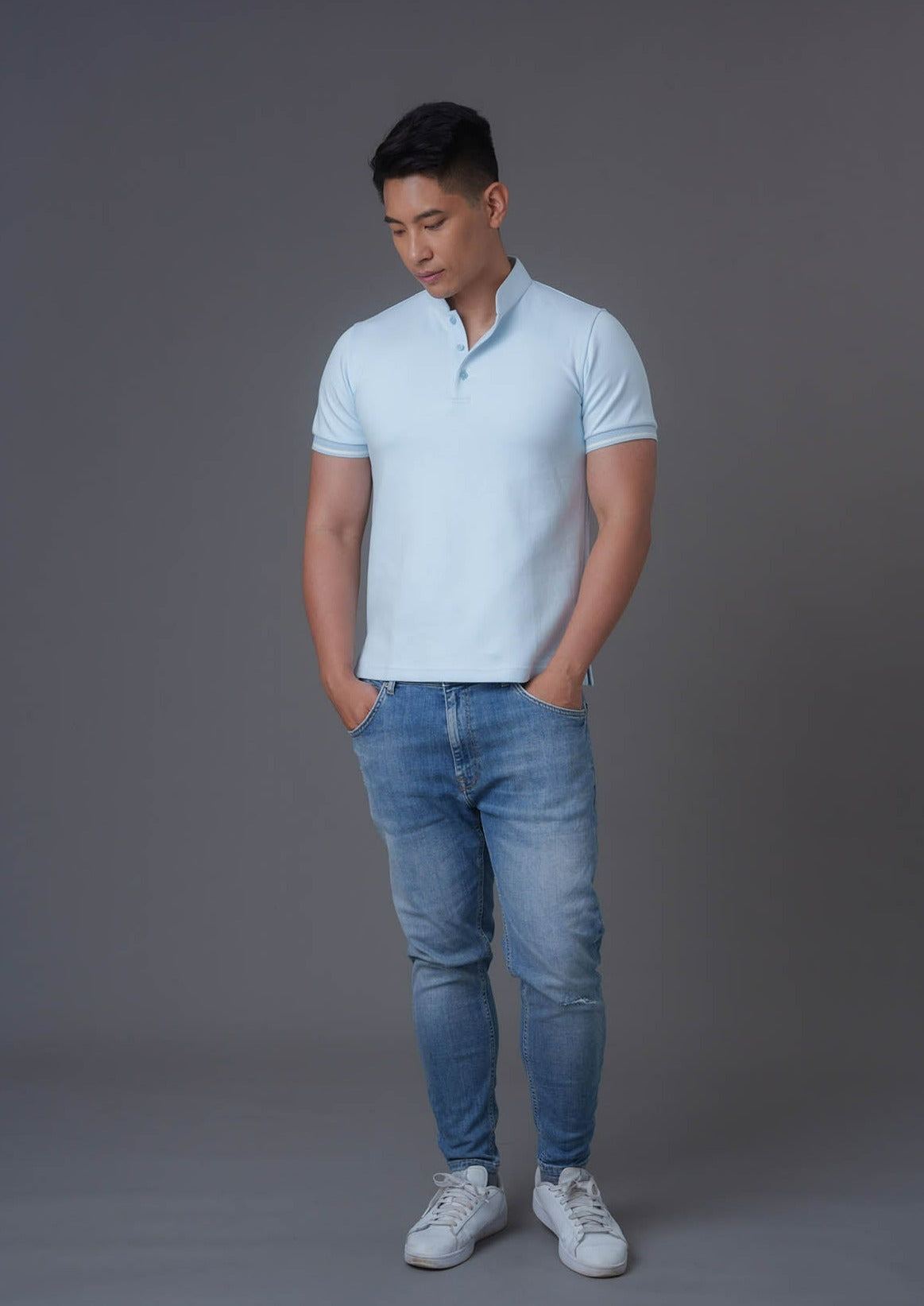 Short Sleeves Tang Polo Shirt (Light Blue)