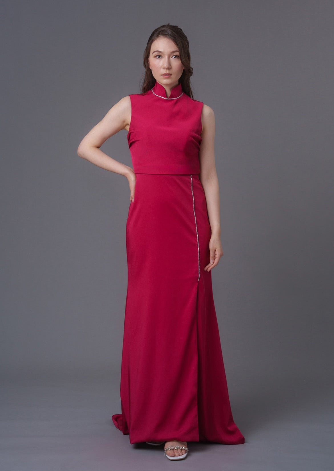 Qipology bridal qipao - Sleeveless Open Back Wedding Qipao, featuring mandarin collar, and high slit and decorated with crystal (front full body picture)