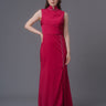 Qipology bridal qipao - Sleeveless Open Back Wedding Qipao, featuring mandarin collar, and high slit and decorated with crystal (front full body picture)