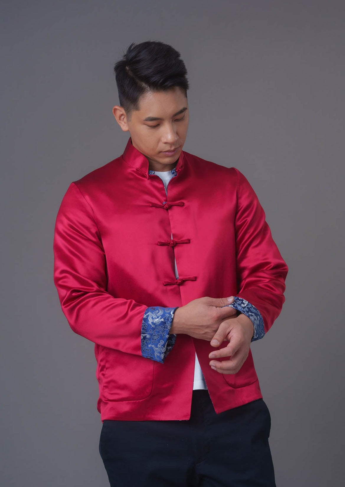 Men's Reversible Tang Jacket (Red/ Blue Brocade)